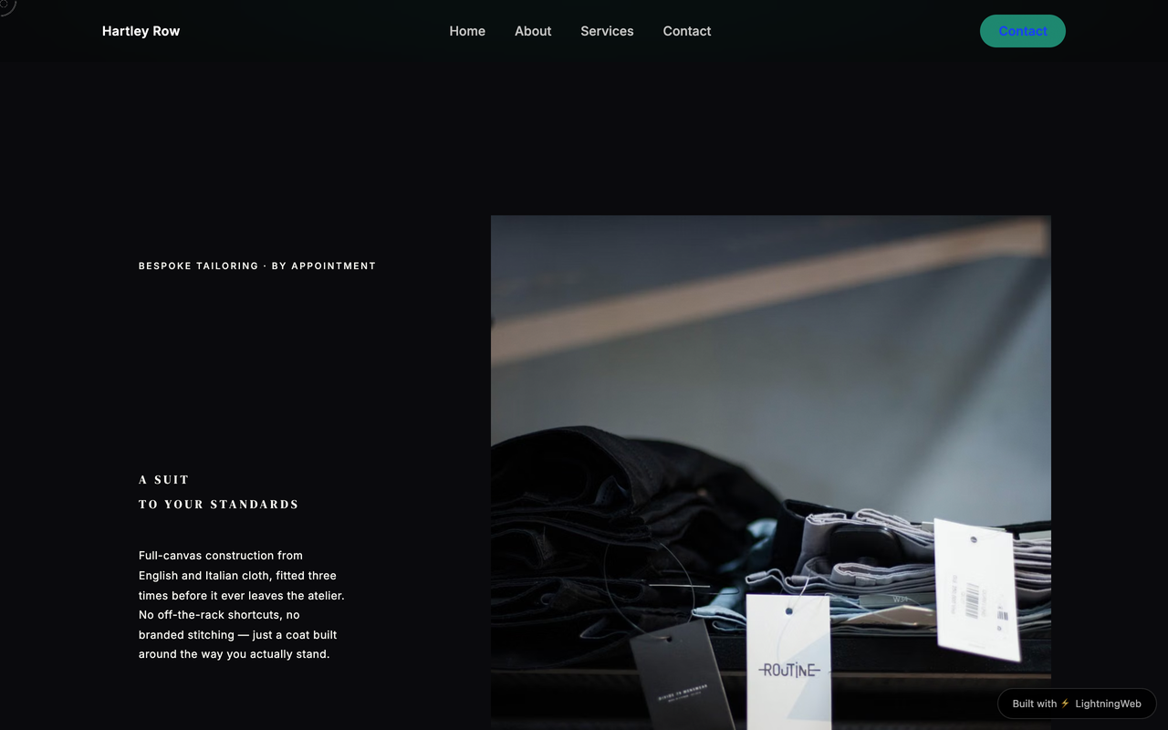 Example bespoke tailoring website generated by LightningWeb — dark editorial hero with cloth and workshop photography