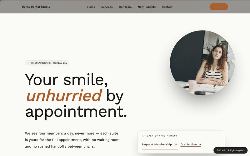 AI-generated dental practice website, warm-organic style