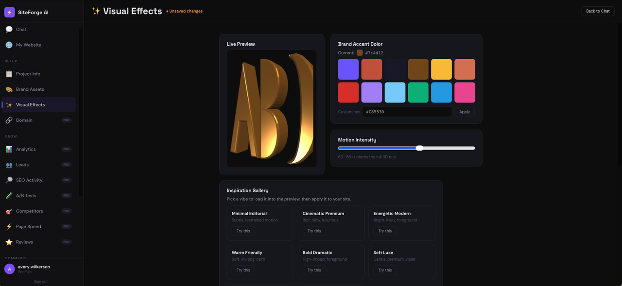 LightningWeb visual-effects panel showing 3D extruded text, a motion-intensity slider, color swatches, and an inspiration gallery